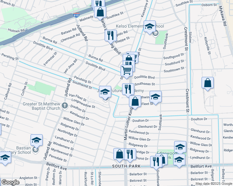 map of restaurants, bars, coffee shops, grocery stores, and more near 5535 Van Fleet Street in Houston