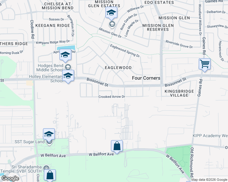 map of restaurants, bars, coffee shops, grocery stores, and more near 16031 Crooked Arrow Drive in Sugar Land