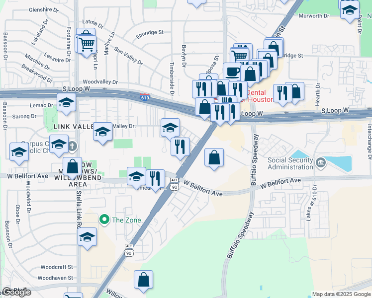 map of restaurants, bars, coffee shops, grocery stores, and more near 10200 South Main Street in Houston