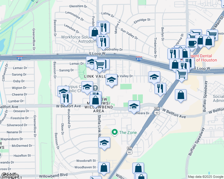 map of restaurants, bars, coffee shops, grocery stores, and more near 9825 Stella Link Road in Houston