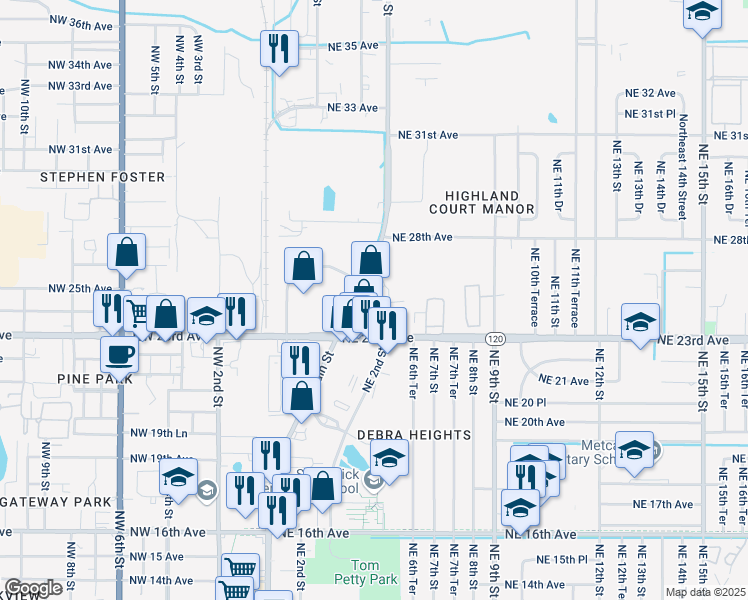 map of restaurants, bars, coffee shops, grocery stores, and more near 2525 North Main Street in Gainesville