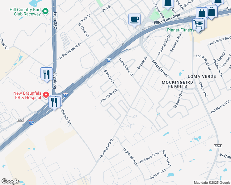 map of restaurants, bars, coffee shops, grocery stores, and more near 3015 Pine Valley Drive in New Braunfels