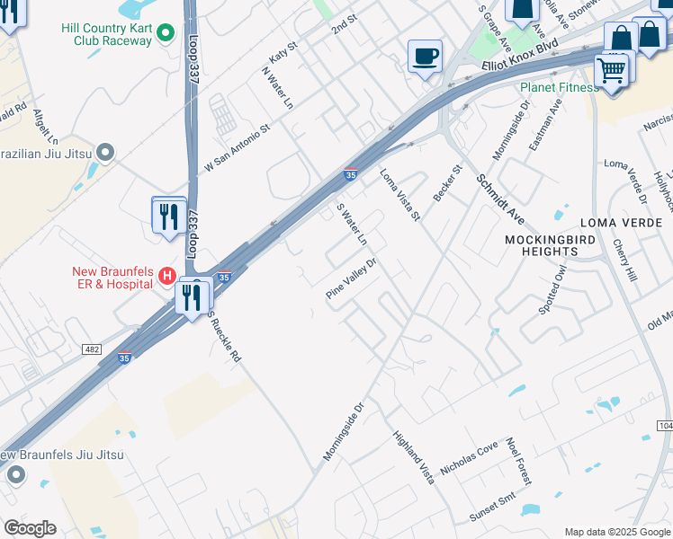 map of restaurants, bars, coffee shops, grocery stores, and more near Douglas Fir Drive in New Braunfels