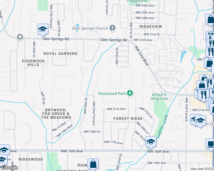 map of restaurants, bars, coffee shops, grocery stores, and more near 2615 Northwest 22nd Drive in Gainesville