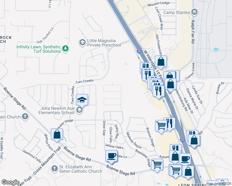 map of restaurants, bars, coffee shops, grocery stores, and more near 25214 Cooper Valley in San Antonio