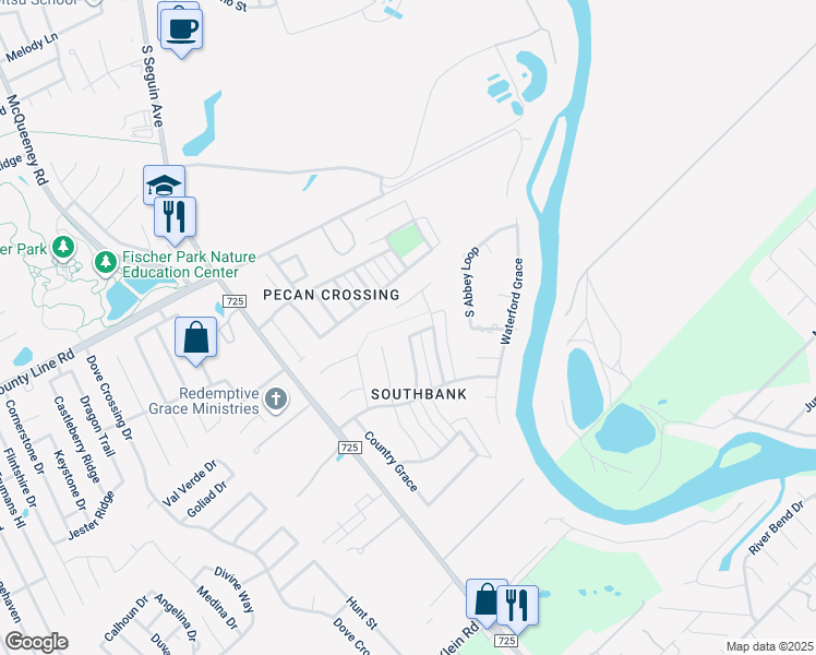 map of restaurants, bars, coffee shops, grocery stores, and more near 2250 Providence Place in New Braunfels
