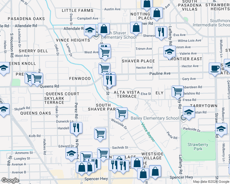 map of restaurants, bars, coffee shops, grocery stores, and more near 309 Alta Vista Drive in Pasadena