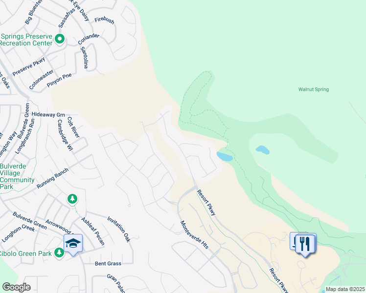map of restaurants, bars, coffee shops, grocery stores, and more near 24715 Resort Parkway in San Antonio