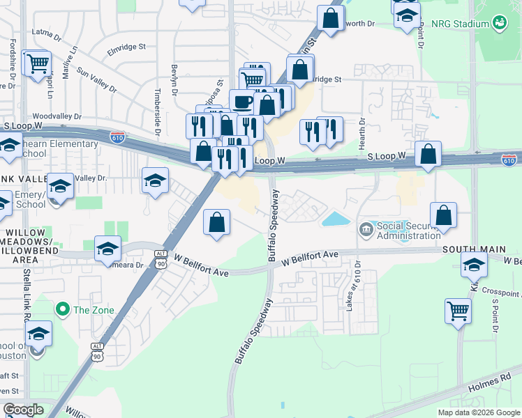 map of restaurants, bars, coffee shops, grocery stores, and more near 3003 South Loop West in Houston