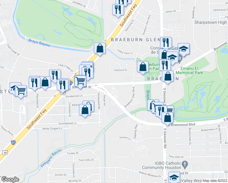 map of restaurants, bars, coffee shops, grocery stores, and more near 9009 Bissonnet Street in Houston