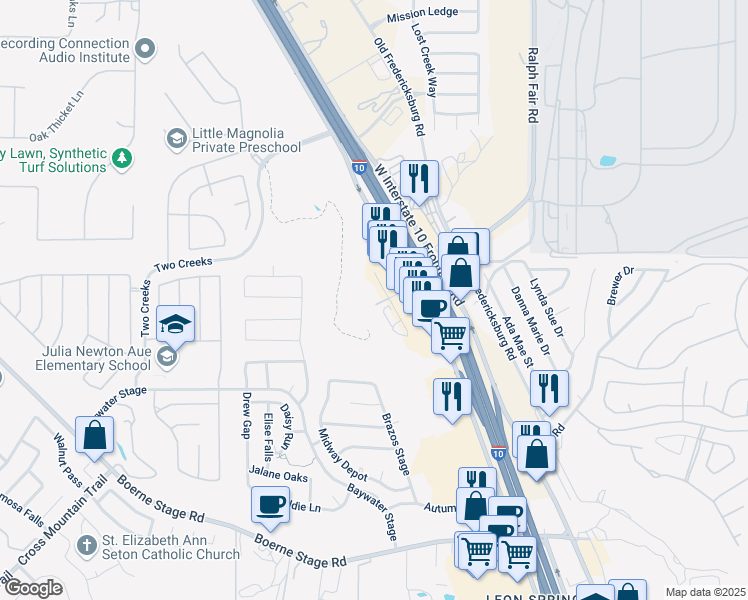 map of restaurants, bars, coffee shops, grocery stores, and more near 25815 Ralph Fair Road in Boerne