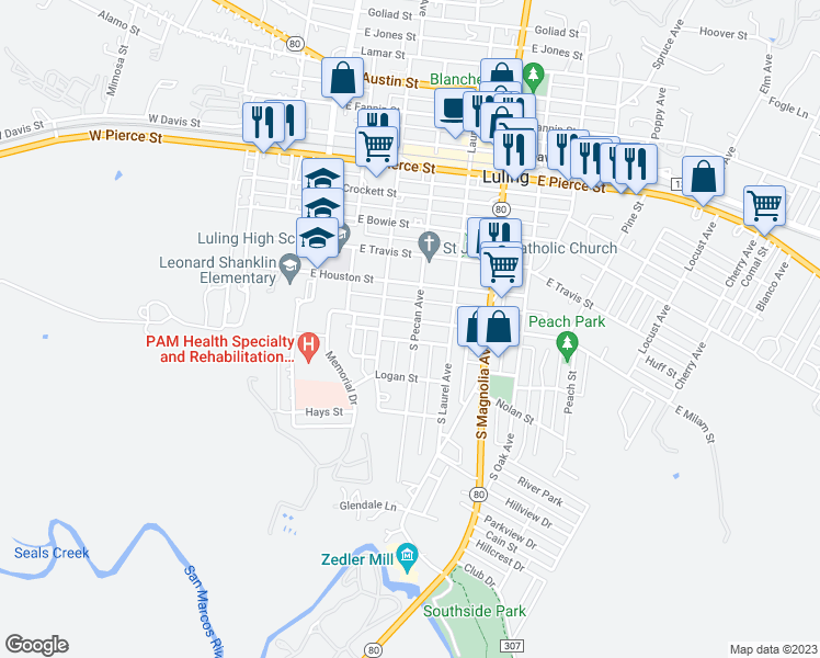 map of restaurants, bars, coffee shops, grocery stores, and more near 600 South Pecan Avenue in Luling