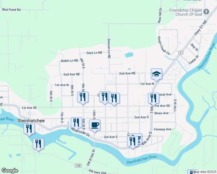 map of restaurants, bars, coffee shops, grocery stores, and more near 1104 1st Avenue North in Steinhatchee