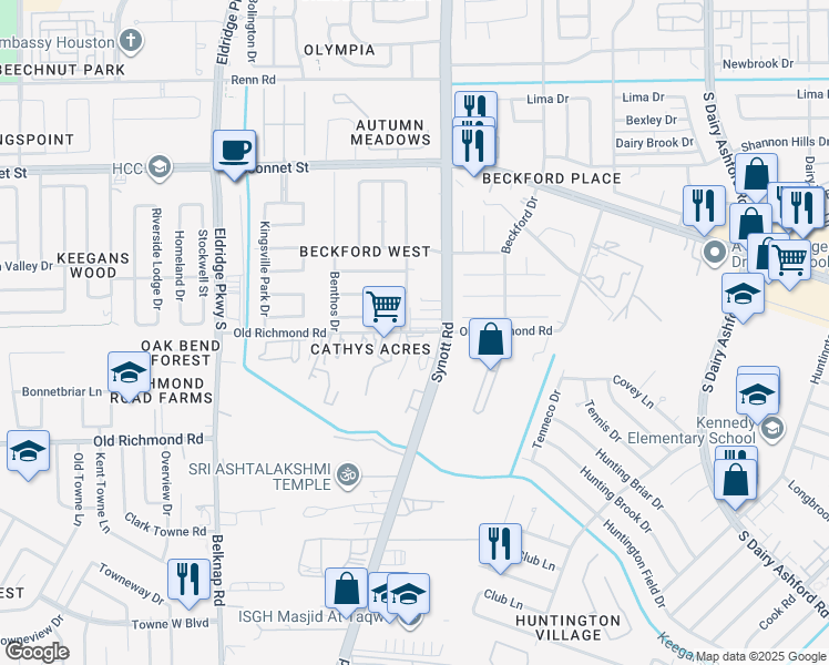map of restaurants, bars, coffee shops, grocery stores, and more near 13210 Old Richmond Road in Houston