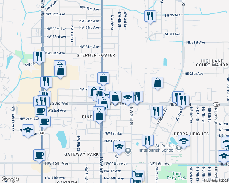map of restaurants, bars, coffee shops, grocery stores, and more near 2503 Northwest 4th Terrace in Gainesville