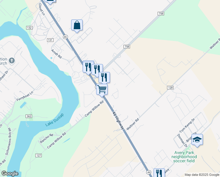 map of restaurants, bars, coffee shops, grocery stores, and more near in New Braunfels