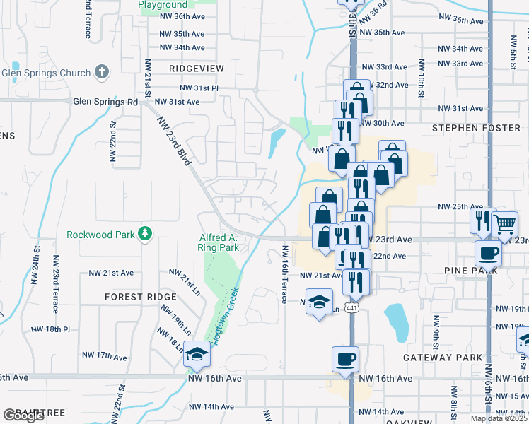 map of restaurants, bars, coffee shops, grocery stores, and more near 1810 Northwest 23rd Boulevard in Gainesville