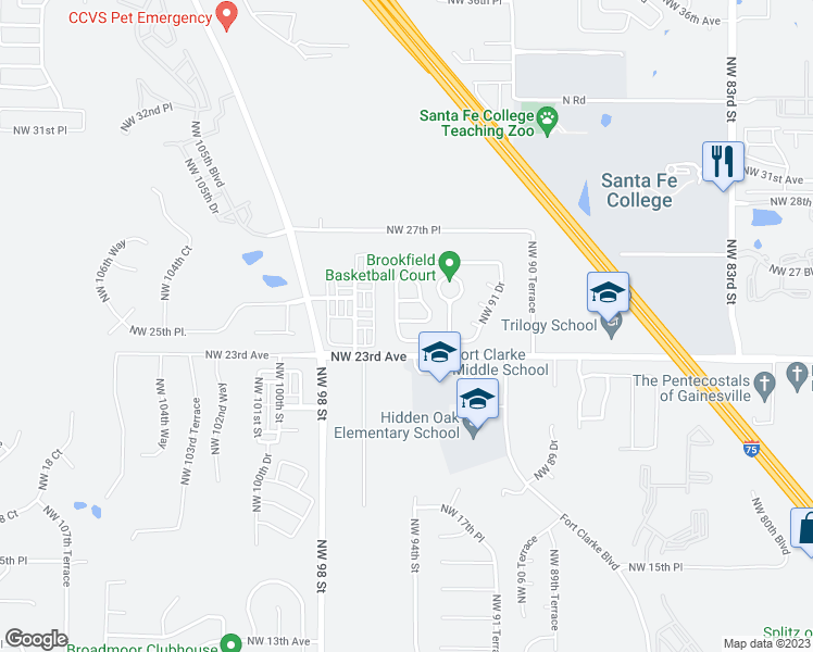 map of restaurants, bars, coffee shops, grocery stores, and more near 9461 Northwest 23rd Road in Gainesville
