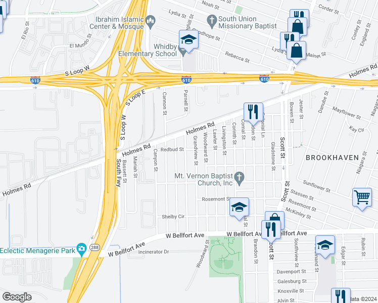 map of restaurants, bars, coffee shops, grocery stores, and more near 8005 Parnell Street in Houston