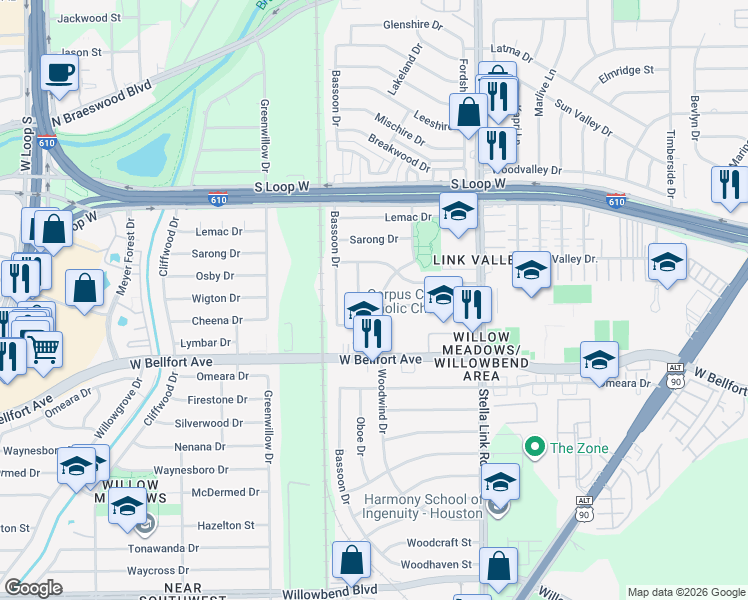 map of restaurants, bars, coffee shops, grocery stores, and more near 9817 Oboe Drive in Houston