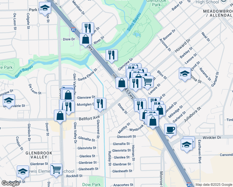 map of restaurants, bars, coffee shops, grocery stores, and more near 8328 Gulf Freeway in Houston