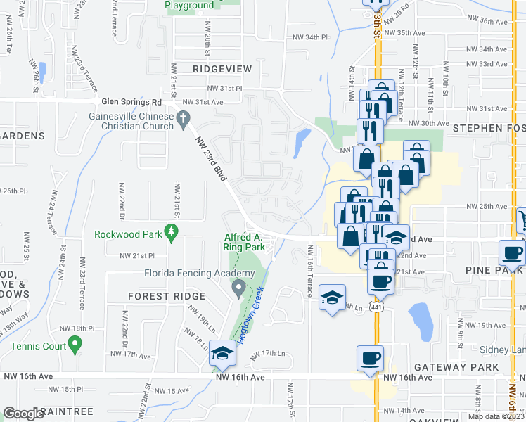map of restaurants, bars, coffee shops, grocery stores, and more near 1810 Northwest 23rd Avenue in Gainesville