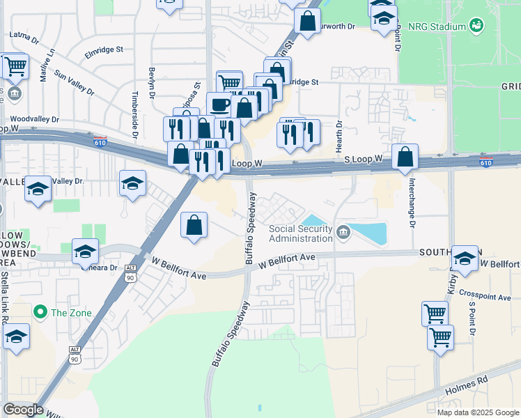 map of restaurants, bars, coffee shops, grocery stores, and more near 9911 Buffalo Speedway in Houston