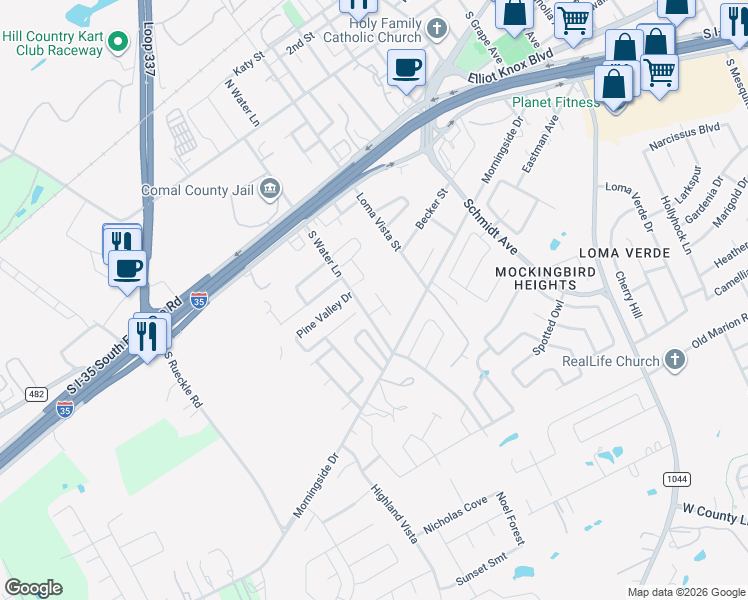 map of restaurants, bars, coffee shops, grocery stores, and more near 319 Untermaier Street in Canyon Lake