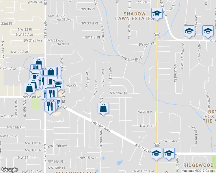 map of restaurants, bars, coffee shops, grocery stores, and more near 2426 Northwest 37th Terrace in Gainesville