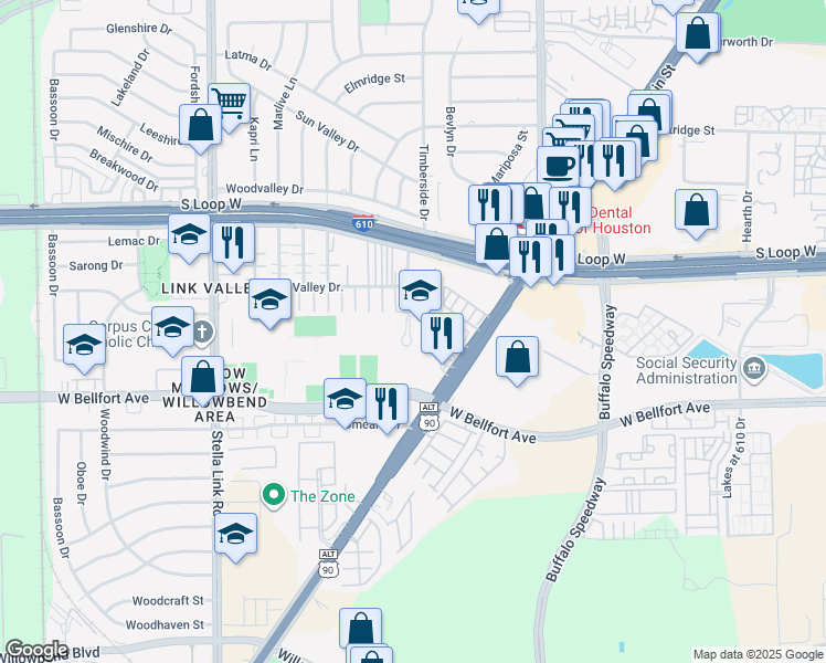 map of restaurants, bars, coffee shops, grocery stores, and more near 9821 Timberside Drive in Houston