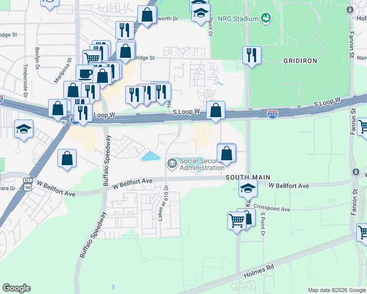 map of restaurants, bars, coffee shops, grocery stores, and more near 8811 Lakes at 610 Drive in Houston