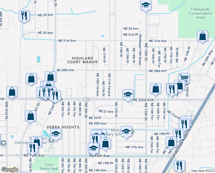 map of restaurants, bars, coffee shops, grocery stores, and more near 2502 Northeast 11th Terrace in Gainesville
