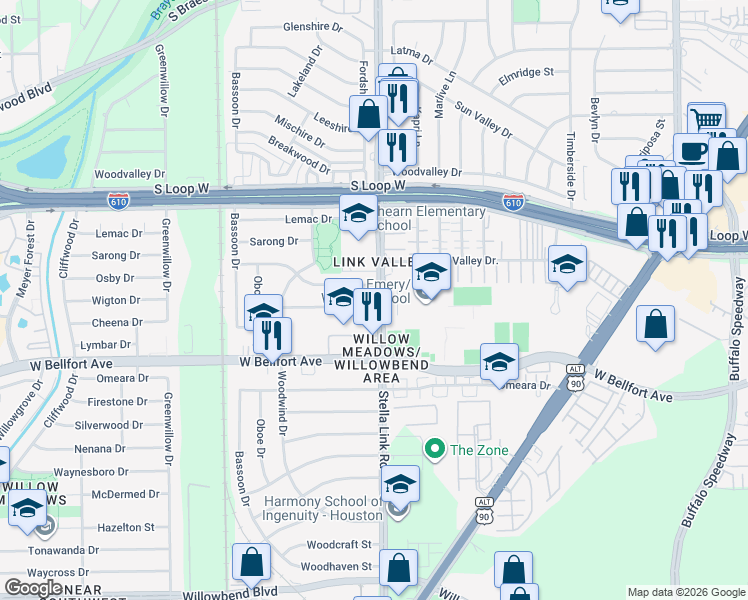 map of restaurants, bars, coffee shops, grocery stores, and more near 4009 Osby Drive in Houston