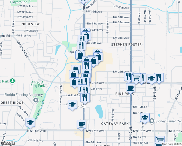map of restaurants, bars, coffee shops, grocery stores, and more near 2331 NW 13th St in Gainesville
