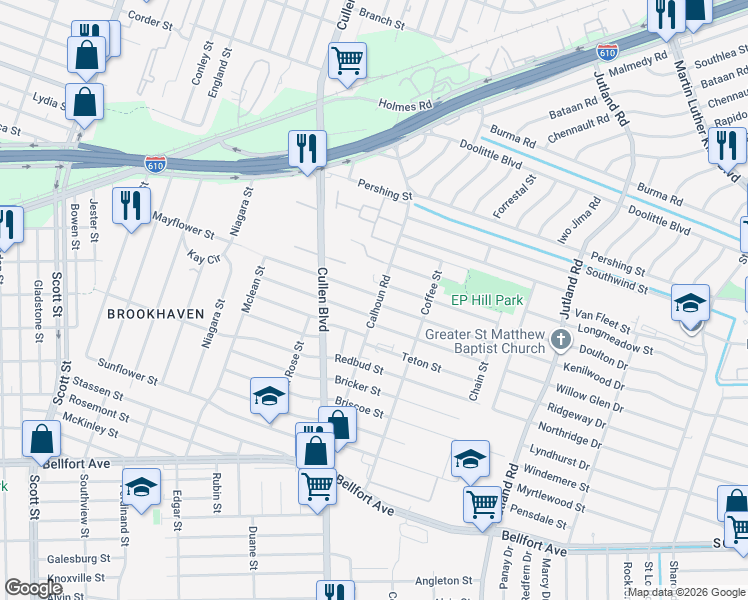 map of restaurants, bars, coffee shops, grocery stores, and more near 7470 Calhoun Road in Houston