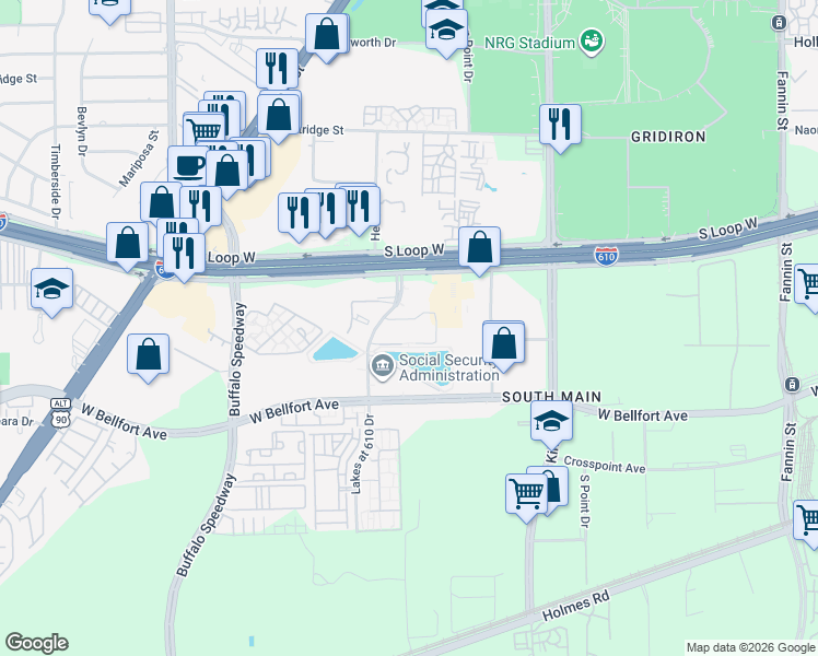 map of restaurants, bars, coffee shops, grocery stores, and more near 8811 Lakes at 610 Drive in Houston