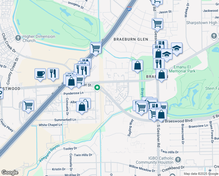map of restaurants, bars, coffee shops, grocery stores, and more near 9009 Bissonnet Street in Houston