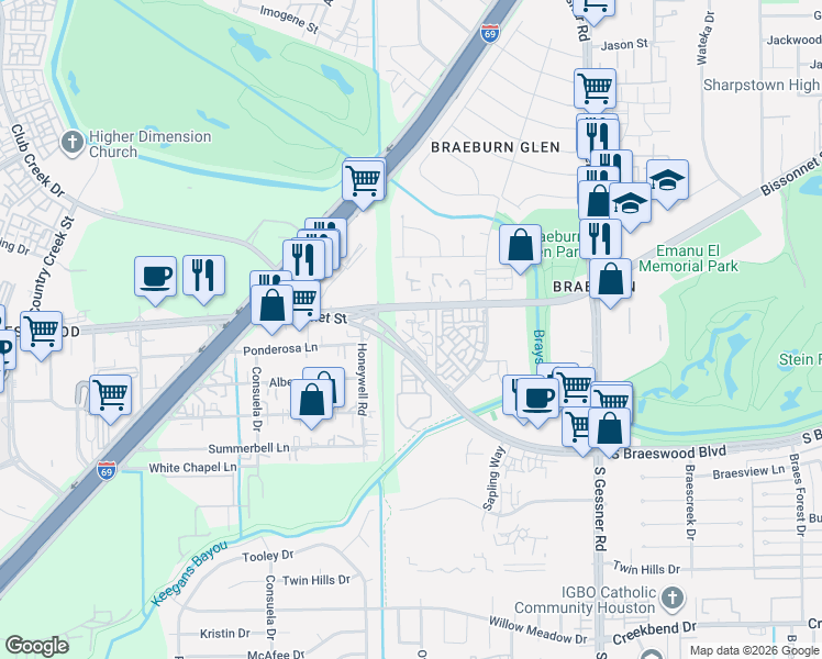 map of restaurants, bars, coffee shops, grocery stores, and more near 9009 Bissonnet Street in Houston