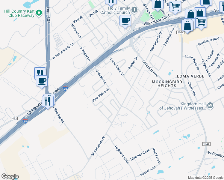map of restaurants, bars, coffee shops, grocery stores, and more near 291 South Water Lane in New Braunfels