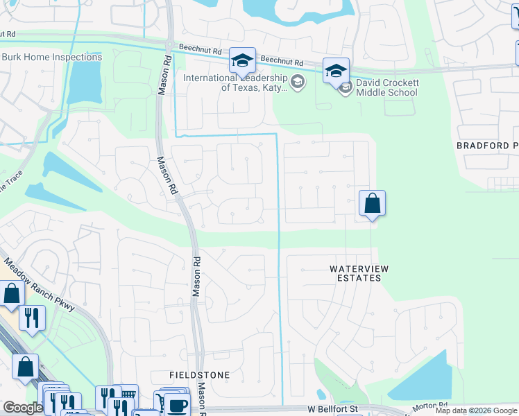 map of restaurants, bars, coffee shops, grocery stores, and more near 20210 Granophyre Lane in Richmond