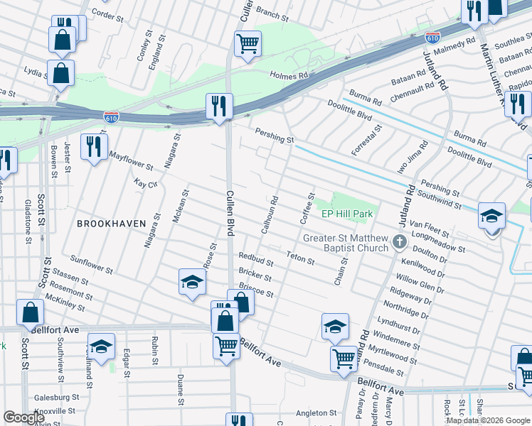 map of restaurants, bars, coffee shops, grocery stores, and more near 7470 Calhoun Road in Houston