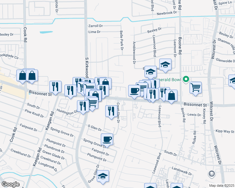 map of restaurants, bars, coffee shops, grocery stores, and more near 11702 Bissonnet Street in Houston