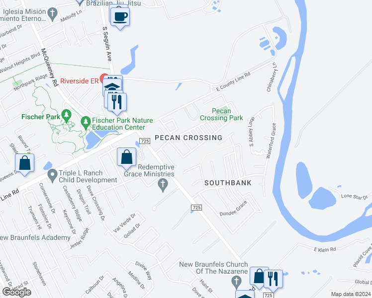 map of restaurants, bars, coffee shops, grocery stores, and more near 2088 Pecan Gable in New Braunfels