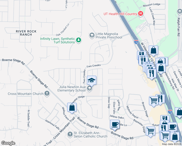 map of restaurants, bars, coffee shops, grocery stores, and more near 25107 Buttermilk Lane in San Antonio