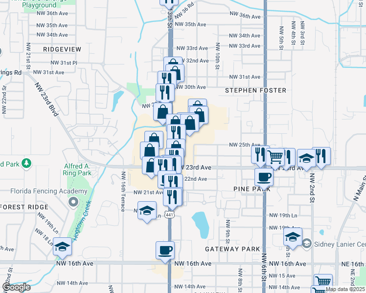 map of restaurants, bars, coffee shops, grocery stores, and more near 2331 Northwest 13th Street in Gainesville