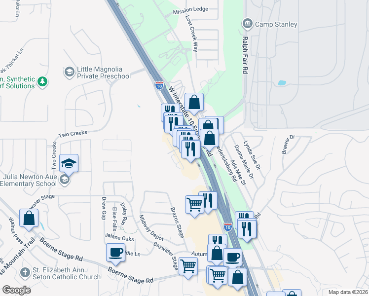 map of restaurants, bars, coffee shops, grocery stores, and more near 25111 Interstate 10 Frontage Road in San Antonio