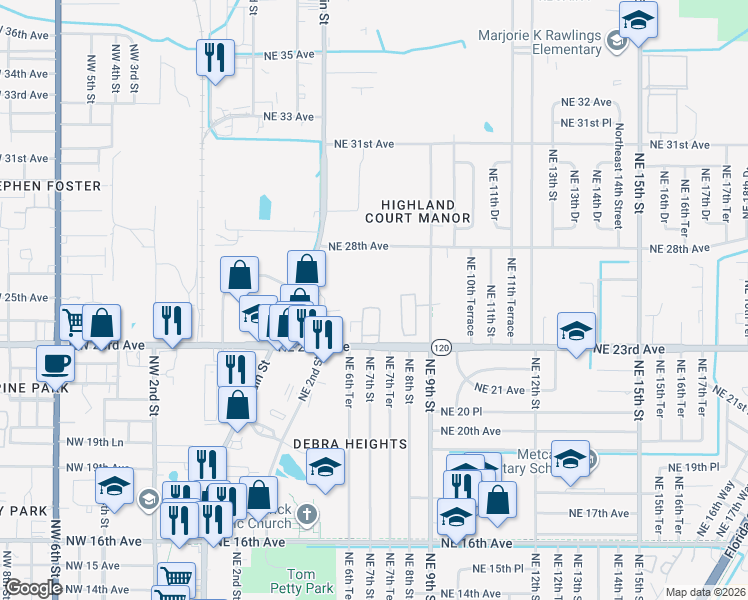 map of restaurants, bars, coffee shops, grocery stores, and more near 766 Northeast 23rd Avenue in Gainesville