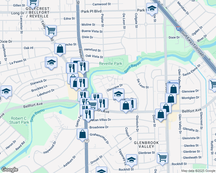 map of restaurants, bars, coffee shops, grocery stores, and more near 7901 Leonora Street in Houston