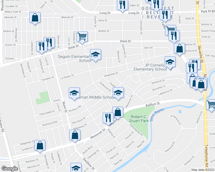 map of restaurants, bars, coffee shops, grocery stores, and more near 6118 Chaffin Street in Houston