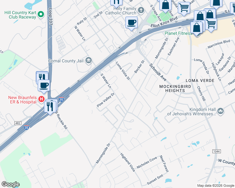 map of restaurants, bars, coffee shops, grocery stores, and more near 291 South Water Lane in New Braunfels